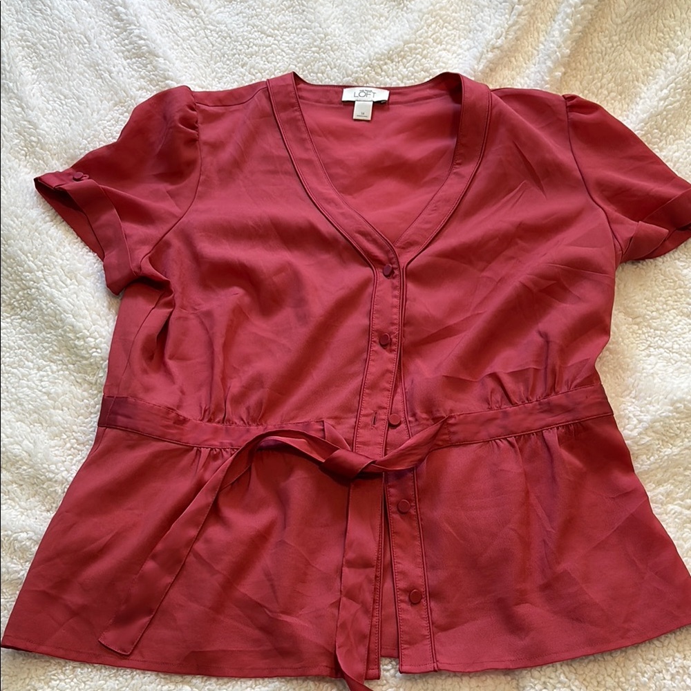 LOFT Red Puff Sleeve Peplum Blouse